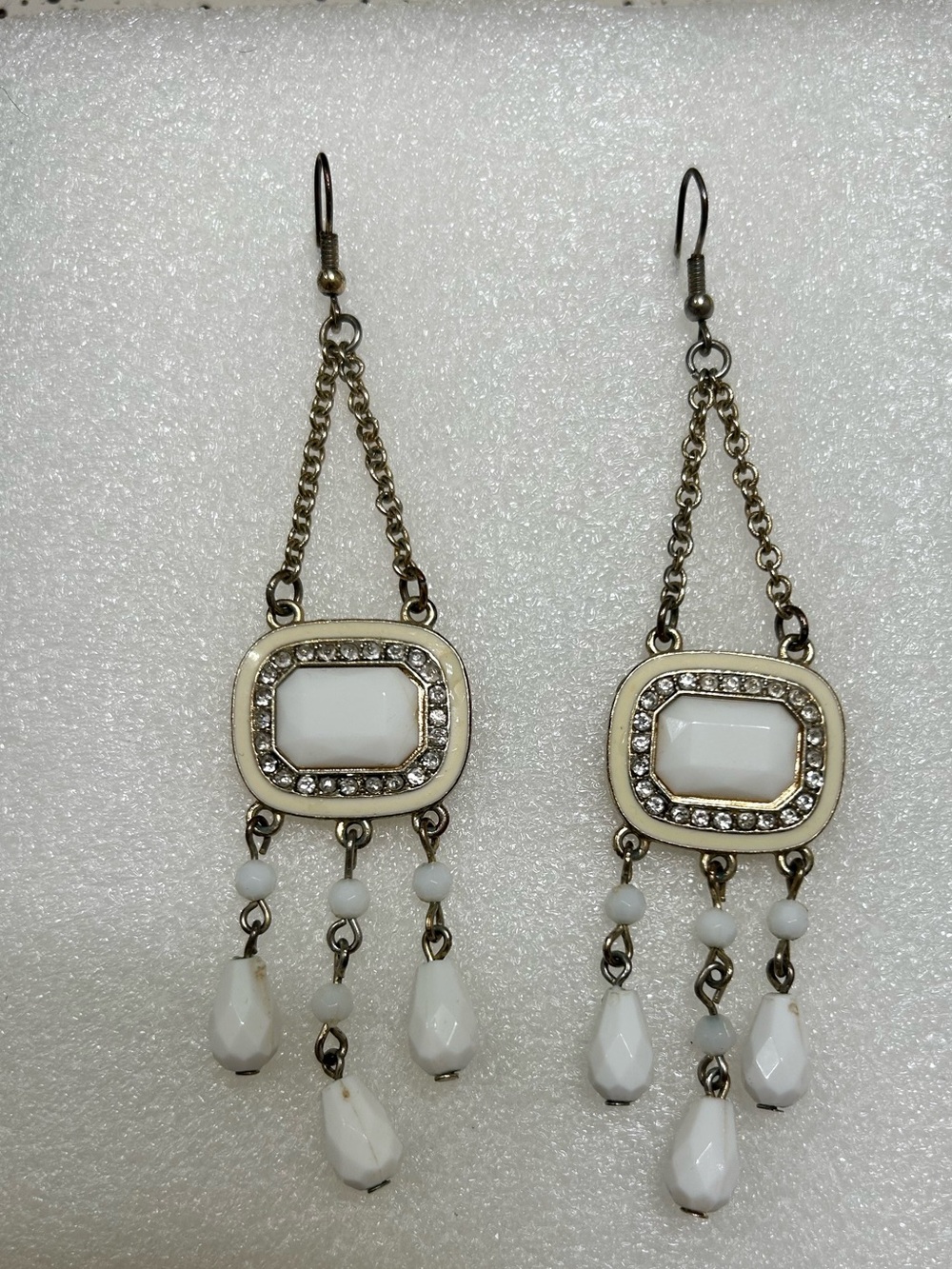 White Dangle Chandelier Earrings with Rhinestones - Women Jewelry